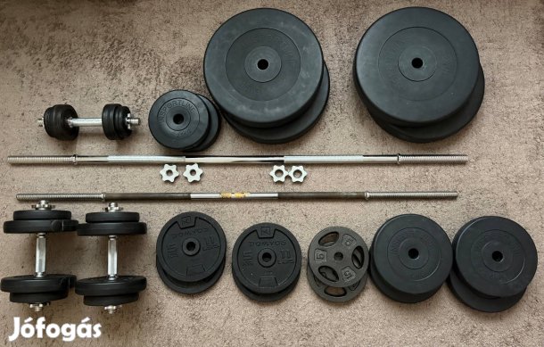 160 kg súlyzószett eladó rudakkal, kézi súlyzókkal