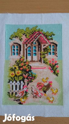 16x22,5 cm keresztszemes kép vidéki házikó 2200 Ft