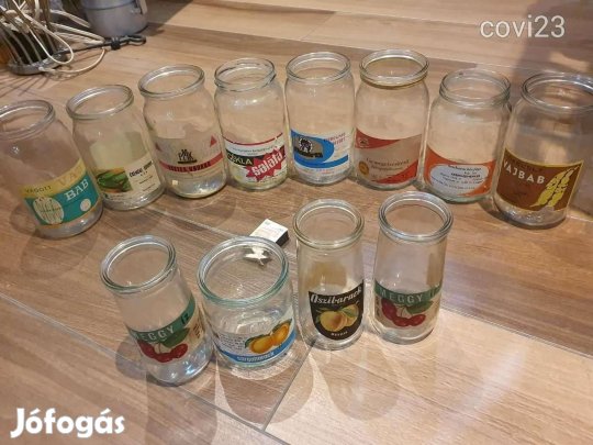 17db Retro szocreál magyar címkés befőttes dunsztos üvegek a 1970-es é