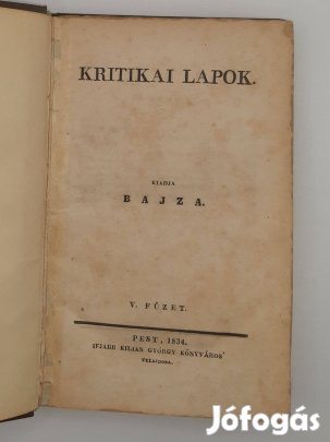 1834 Bajza: Kritikai Lapok V. Korabeli írók, Művek bírálata