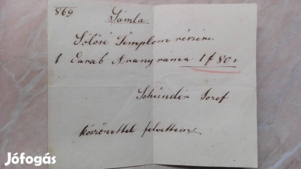 1869-es számla ritka db Vértesszőlősi Templom részére