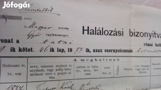 1877-es Halotti bizonyítvány Tatai Római Katolikus Plébánia