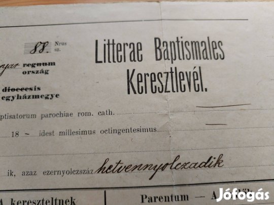 1878-as ritka történelmi db "Baptista Keresztlevél"