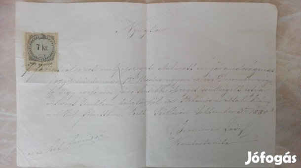 1880-as keltezéssel Vértesszőlősi községi nyugta a Kántortanít