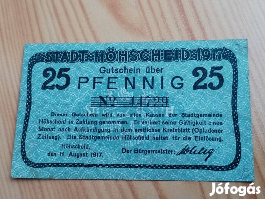 1917-es 25 pfennig Német Birodalmi Szügségpénz