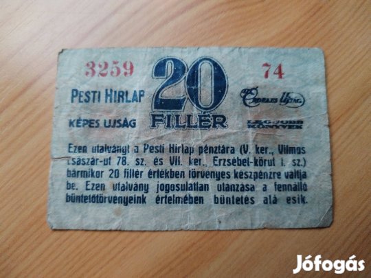 1920-as kiadású papírpénz Pesti Hírlap 20 filérese