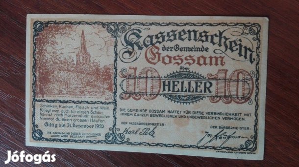 1920-as papírpénz Osztrák 10 Heller