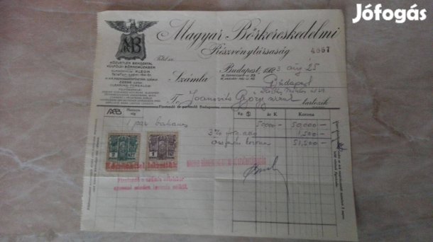 1923-as számla Magyar Bőrkereskedelmi Részvénytársaság