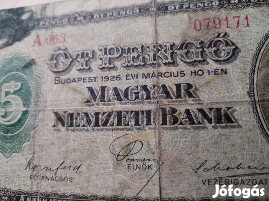 1926-os 5 pengős papírpénz Extra ritka sajnos tintanyomos