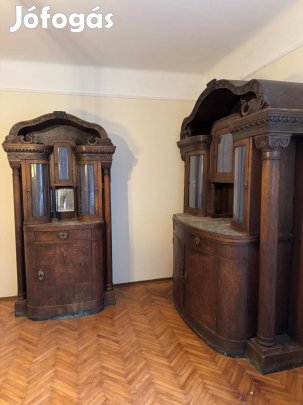 1930-as antik jellegű tálalószekrény garnitúra, márványlapos vitrin, n