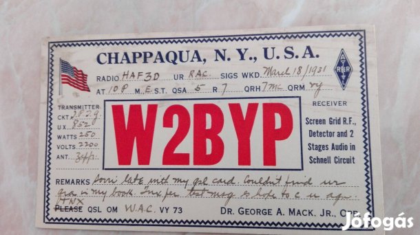 1931-es Magyarországra USA Rádió Telegram lap Ritka db