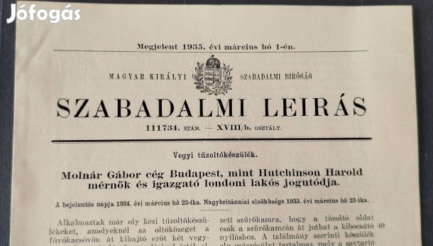 1935.Antik irat. Szabadalmi leírás.Vegyi tűzoltókészülék
