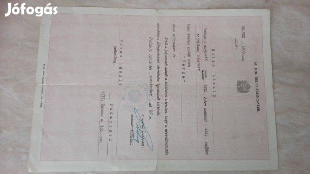 1935-ös név változtatási okirata M.Királyi Belügyminisztérium