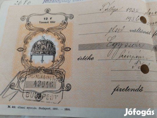 1936-os jelzálog csekk Érvénytelenítő 4-es lyukasztásal