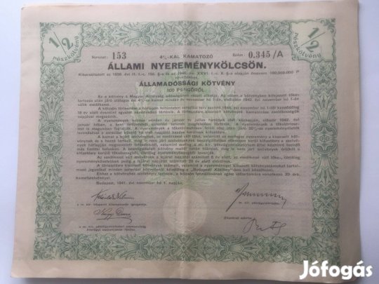 1941 100 pengő államadóssági kötvény, állami nyereménykölcsön