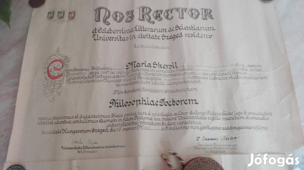 1947-es Doktori oklevél Szegedi Tudományegyetem Pszichológ