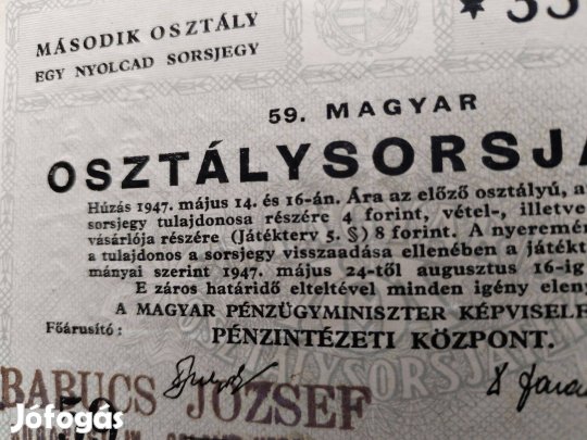 1947-es szép állapotban Osztálysorsjáték szelvény