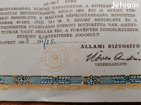1953-as Állami Biztosító által kiállított Biztosítási okirat tűz és jé