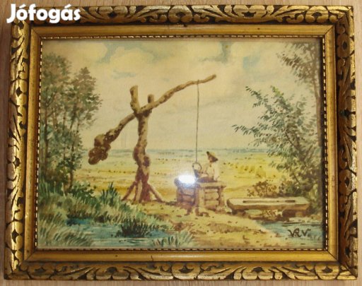 1954-ben készült aquarell: Alföld gémes kúttal, szép keretben
