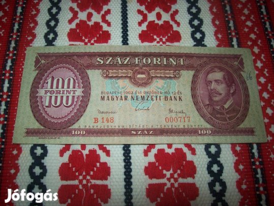1962 évjáratú 100 forintos. Kiss sorszám 000717. Ritka