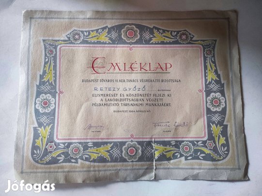 1964-es emléklap, lakóbizottsági társadalmi munka