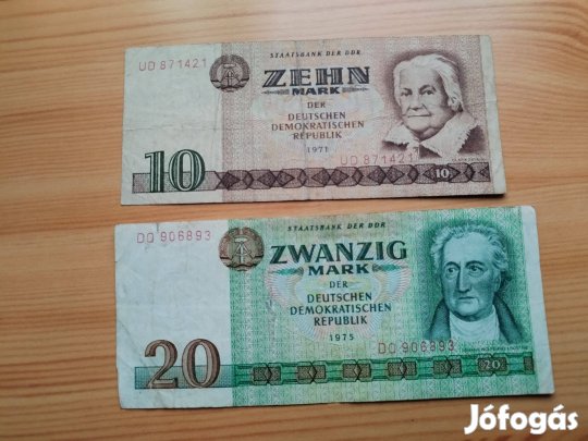 1975-ös 20 márka és 1971-es Német NDK 10 márka