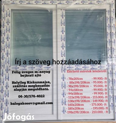 198x208cm műanyag bejárati ajtó kétszárnyú félig üveges raktár műhely 