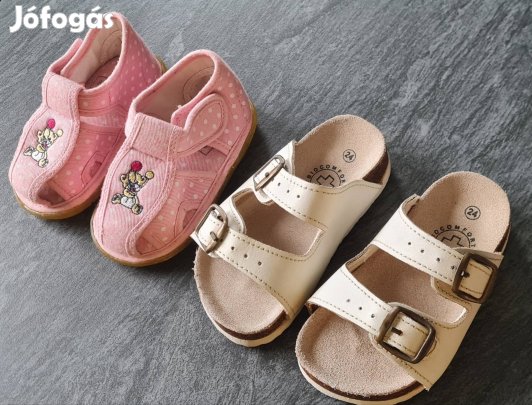 19-es vászon szandál / kocsicipő, ill. 24-es bio papucs. Darabár.