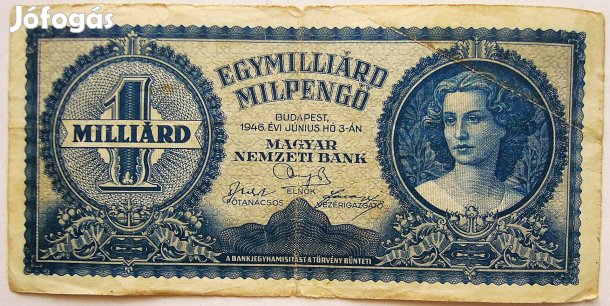 1 Egymilliárd milpengő bankjegy papírpénz 1946