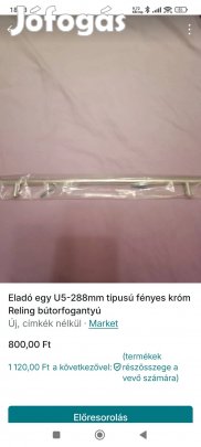 1 db U5-288 mm típusú fényes króm Reling bútorfogantyú 