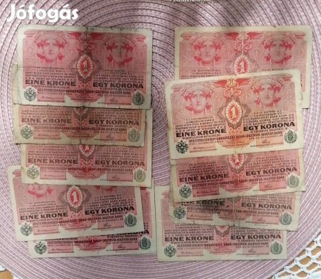 1 korona régi 1918 papír pénz csomag