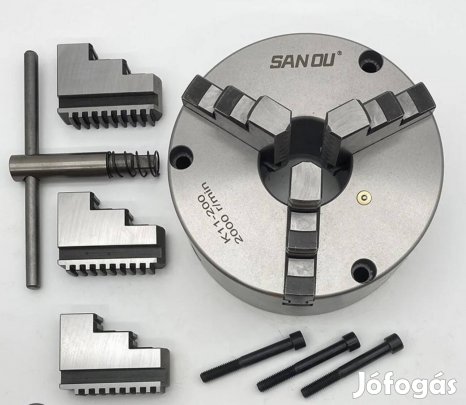 200 mm-es 3 pofás eszterga tokmány fordított pofákkal és kulccsal