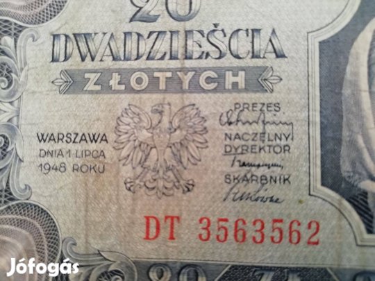 20 zloty ritka 1948-as Lengyel papírpénz