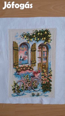 21x30,5 cm keresztszemes biciklis kép virágokkal 3000 Ft