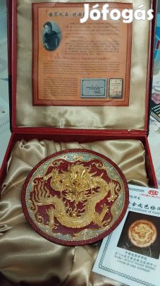 24K aranyfüst kínai sárkány dísztányér tanusítvánnyal dobozában