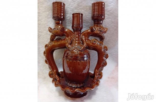 2502/34 Skopin szovjet kerámia sárkányos gyertyatartó