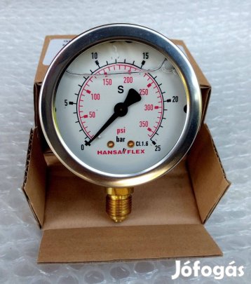 25 baros nyomásmérő óra, manométer glicerintöltettel