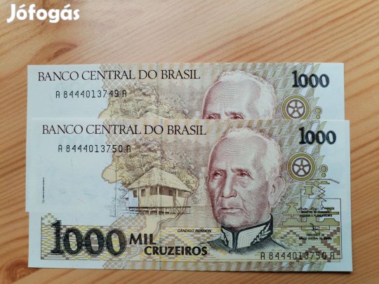 2 db 1990-es sorszámkövető Brazil 1000 Mil cruzeiros