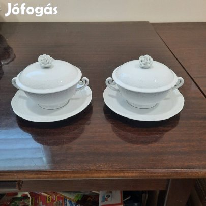 2 db Fehér Herendi porcelán leveses csésze + alj + tető eladó!