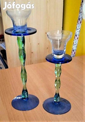 2 db. karcsú művészi színes fújt üveg gyertyatartó