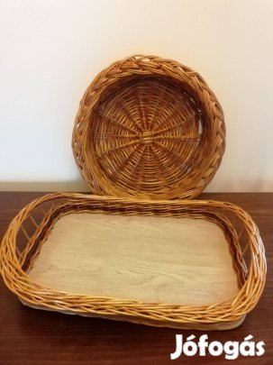 2 db. nagyméretű vessző, fonott kínáló, tálaló tálca és kosár újszerű