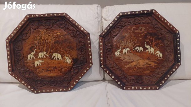 2 db csontberakásos intarzia falikép elefántokkal