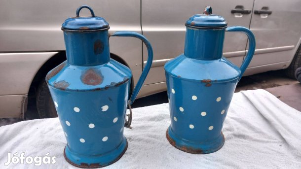2 db retro kék fehér pöttyös kis zománcozott kanna magyar