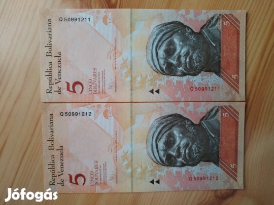 2 db sorszámkövető 2011-es papírpénz 5 Bolivares Venezuela