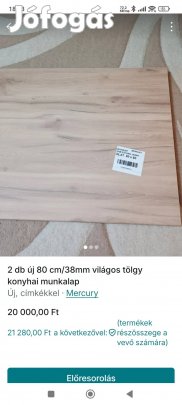 2 db új eredeti dobozában 80 cm/38mm világos tölgy konyhai munkalap