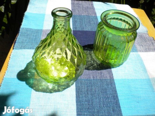 2 db zöld üveg palack díszüveg, üvegváza, kisméret