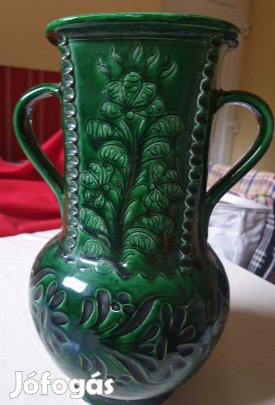 30 cm magas Mezőtúri , kétfülü  zöld színű ketámia váza