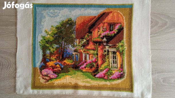 35x30 cm keresztszemes kép virágos kert házikóval 3000 Ft