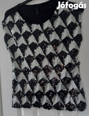 3D-s térhatású Harlekin mintás ezüst-fekete flitteres felső