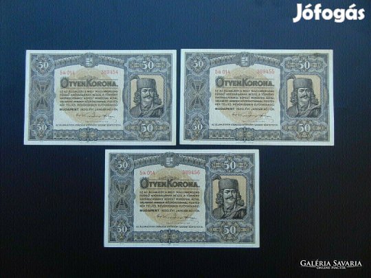 3 darab 50 korona 1920 Sorszámkövető Hajtatlan bankjegyek ! Kép